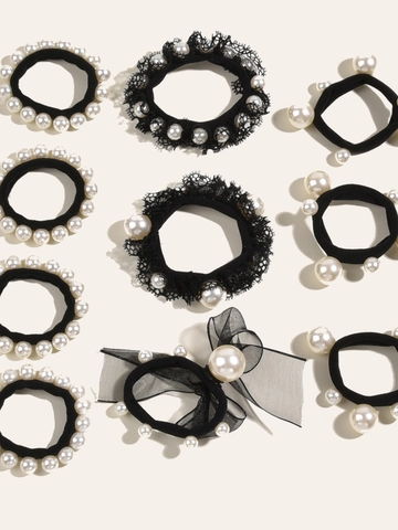 Eleganti Elastici Per Capelli Neri Con Perle Artificiali Pizzo E Fiocco In Rete Per Donna Accessori Capelli