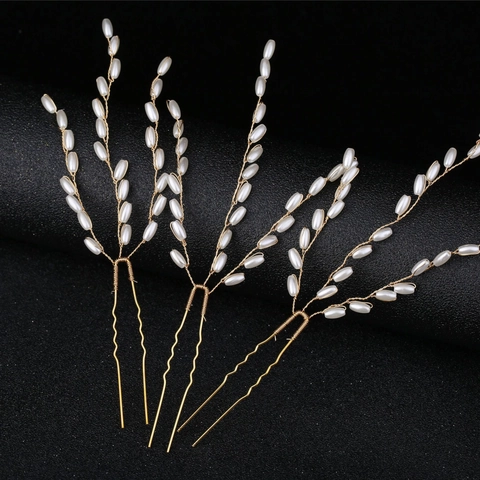 Handgefertigte Goldene Legierung Weizenähre Künstliche Perle U-Form Haarnadel Für Braut Hochzeit Haarschmuck Eleganter Kopfschmuck