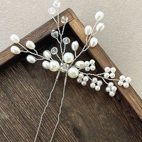 Handgemachte Künstliche Perle Strass U-Förmige Haarnadel Silber Blumenzweig Braut Kopfschmuck Für Hochzeit Damen Haarschmuck