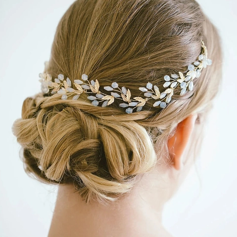 Elegante Enredadera para el Cabello de Aleación Oro Hoja Novia Strass Perla Artificial Diadema para Boda Fiesta Mujer Joyería