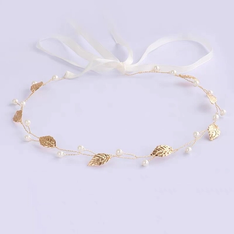 Fascia per Capelli Fatta a Mano con Foglie d'Oro e Perle Artificiali Elegante Copricapo da Sposa Bohemien con Nastro di Raso da Donna