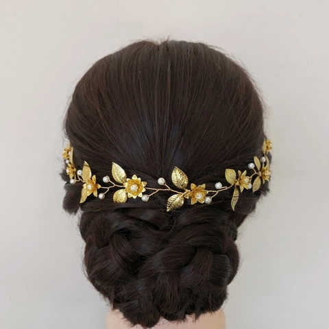 Vite per Capelli da Sposa in Lega Dorata con Fiori e Foglie Traforati per Donna con Perle Artificiali e Strass Gioielli