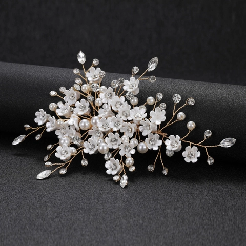 Fermaglio per Capelli da Sposa Fatto a Mano Fiori Bianchi Lega Perla Artificiale Strass Copricapo Matrimonio Donna