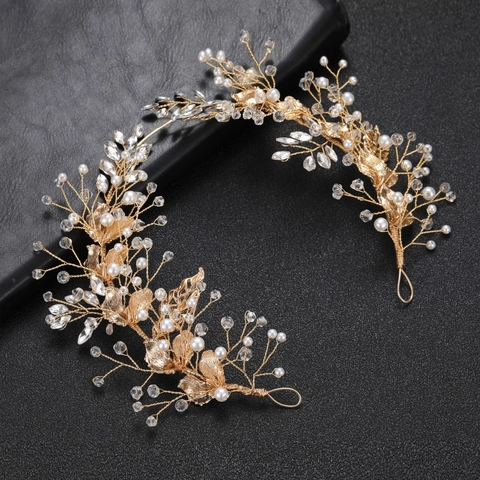 Vigna per Capelli da Sposa Fatta a Mano Oro Argento Design a Foglia Perla Artificiale Strass Copricapo Matrimonio Donna