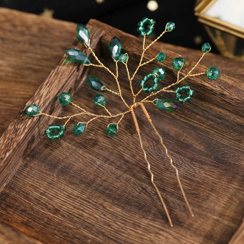 Handgemaakte Smaragdgroene Kristallen Haarprikker Voor Dames Goud Draadgewikkeld U-vormige Haarspeld Bruiloft Haaraccessoires