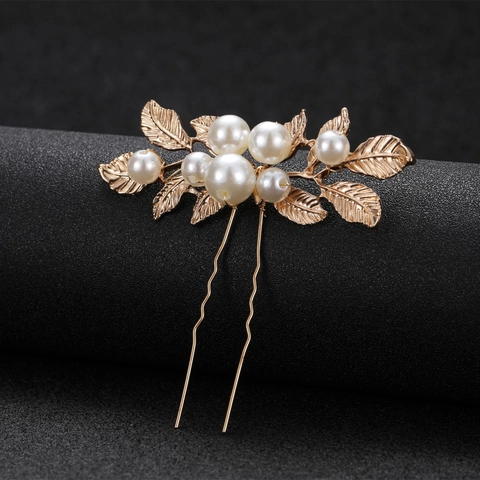Horquilla de Pelo Barroca Hoja de Oro Perla Artificial en Forma de U para Mujeres Novia Boda Palo de Pelo Joyería de Cabeza de Aleación