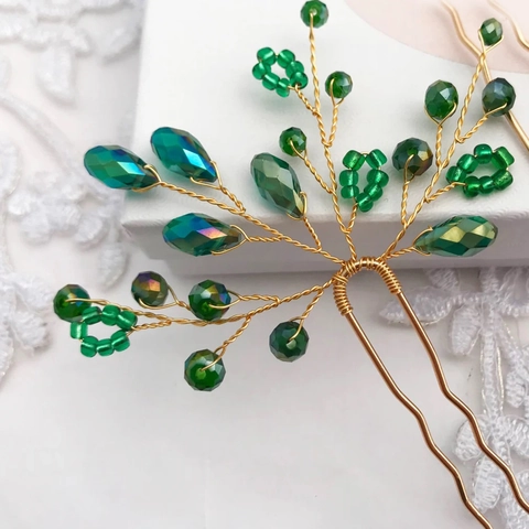 Handgemaakte Smaragdgroene Kristallen Haarprikker Voor Dames Goud Draadgewikkeld U-vormige Haarspeld Bruiloft Haaraccessoires