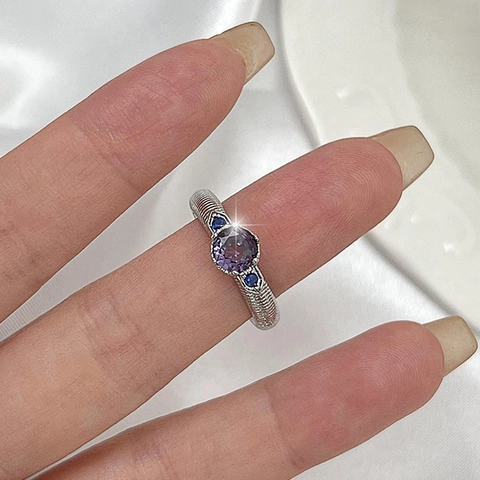 Bague Ouverte Réglable en Cuivre avec Strass Violet Vintage Bague de Luxe Rayée Ronde pour Femmes Bijoux de Fête Quotidienne