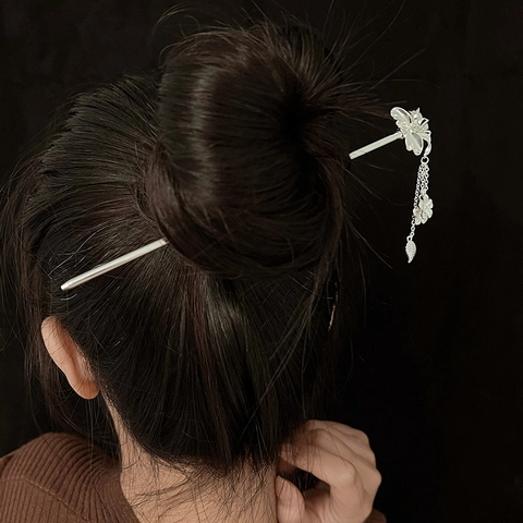 Chinese Ancient Style Flower Hair Stick With Tassel Silver Plated Copper Retro Hair Fork For Women Hanfu Hair Pin