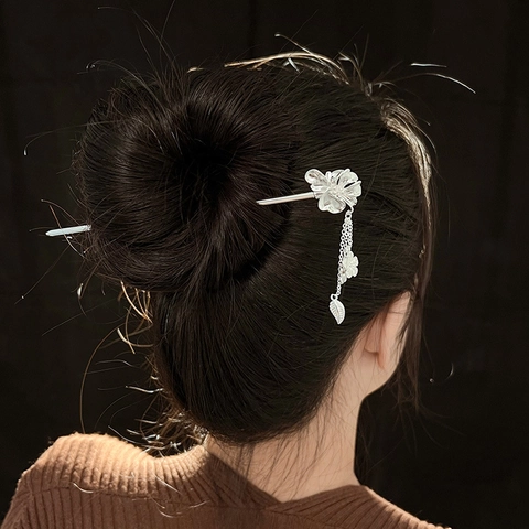 Chinese Ancient Style Flower Hair Stick With Tassel Silver Plated Copper Retro Hair Fork For Women Hanfu Hair Pin