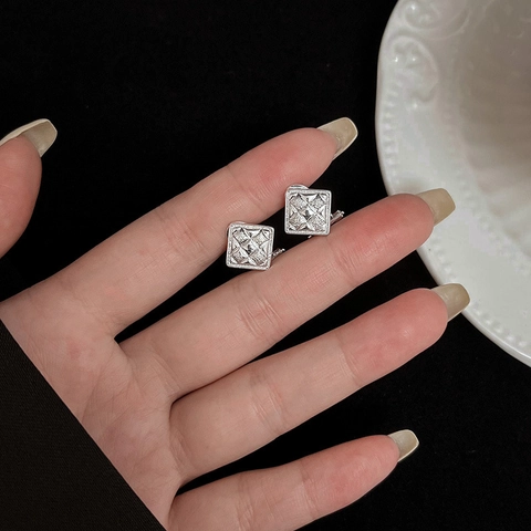 Franse Vintage Gewatteerde Vierkante Oorknopjes Met 925 Sterling Zilveren Stift Geometrische Zilveren Oorbellen Voor Dames