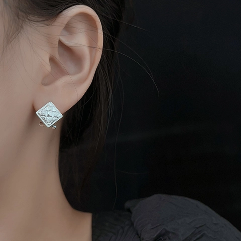Franse Vintage Gewatteerde Vierkante Oorknopjes Met 925 Sterling Zilveren Stift Geometrische Zilveren Oorbellen Voor Dames