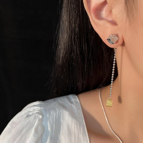 Boucles d'oreilles Pendantes Cube Motif Herbe Tang Rétro Avec Tige en Argent Sterling 925 Longues Boucles en Cuivre Femme