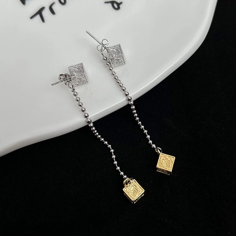 Boucles d'oreilles Pendantes Cube Motif Herbe Tang Rétro Avec Tige en Argent Sterling 925 Longues Boucles en Cuivre Femme