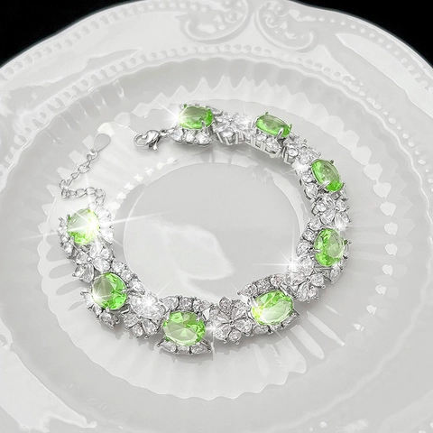 Pulsera de Flor de Cobre de Lujo con Strass para Mujer Piedra Ovalada Verde Galvanizado Joyería de Lujo Ligero Elegante Regalo de Boda