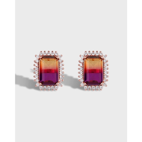 Pendientes de Botón de Strass Rectangulares Degradados de Lujo Coreanos Cobre Bañado en Oro Rosa Pendientes Cuadrados Mujer