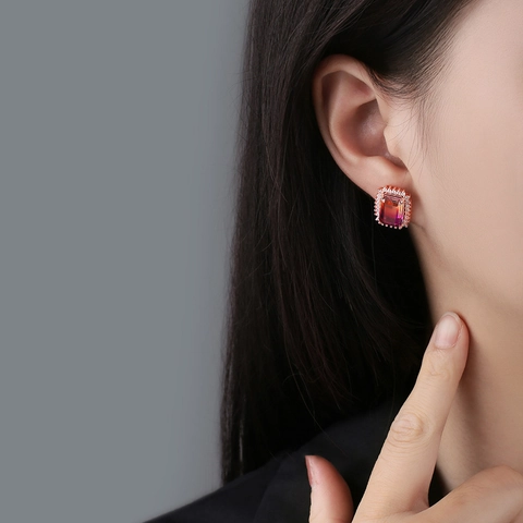 Pendientes de Botón de Strass Rectangulares Degradados de Lujo Coreanos Cobre Bañado en Oro Rosa Pendientes Cuadrados Mujer