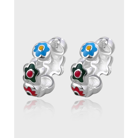 Vintage Enamel Flower Hoop Earrings Silver Plated Copper Drip Oil Floral Huggie Earrings Elegant Jewelry Women Accessory