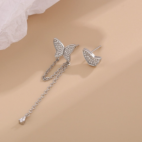 Asymmetrische Schmetterling Quaste Ohrstecker Kupfer Strass Versilbert Elegant Mode Schmuck Für Damen Geschenk