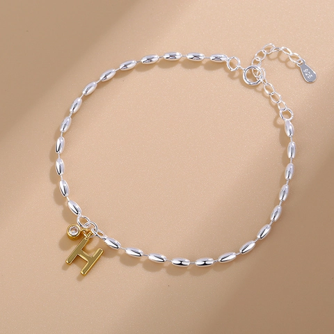 Nischen Zartes Zweifarbiges Kupfer Perlenarmband Mit Gold H Buchstaben Anhänger Und Funkelndem Strass Für Damen Täglicher Schmuck Geschenk