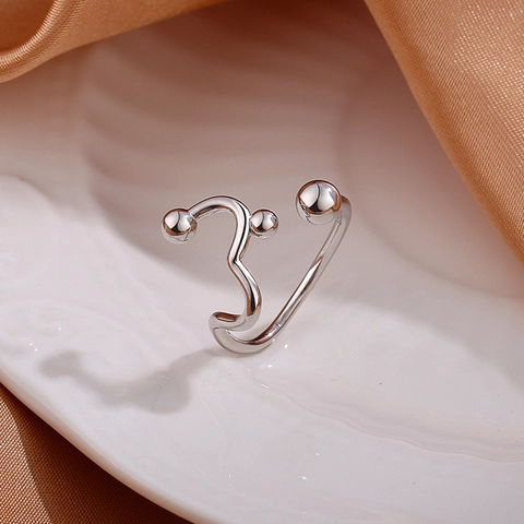 Anello Aperto Geometrico Irregolare a Onda Con Tre Perline Moderno Minimalista in Rame Placcato Argento Regolabile per Donna Uomo