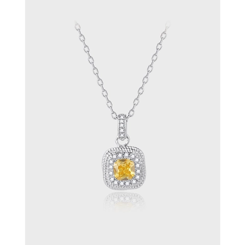Light Luxury Square Yellow Rhinestone Pendant Necklace For Women Copper Electroplated Halo Curb Chain Jewelry Elegant Neck Chain
