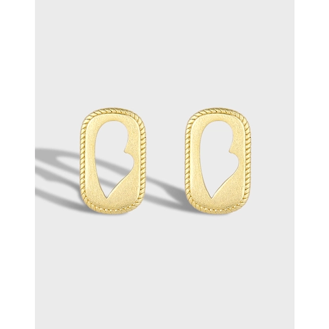 Orecchini a Bottone a Cuore Cavo Geometrico in Rame Spazzolato Minimalista per Donna Cornice Rettangolare Cava Design Placcato Oro Argento Gioielli