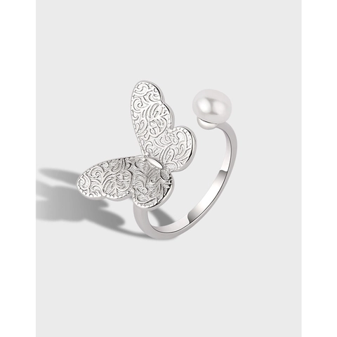 Eleganter Kupfer Schmetterling Künstliche Perle Verstellbarer Offener Ring Für Damen Koreanischer Stil Versilbert Ring Schmuck