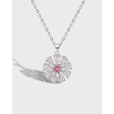 Luxury Flower Pendant Necklace Copper White Gold Plated Pink Zirconia Elegant Daily Accessory For Women Charming Jewelry