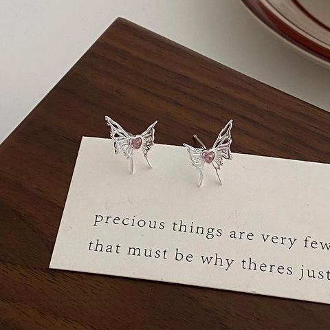 Boucles d'Oreilles Clous Papillon Liquide Minimaliste Coréen Pour Femmes Creux En Cuivre Plaqué Argent Cœur Violet Zircone Bijoux Élégants