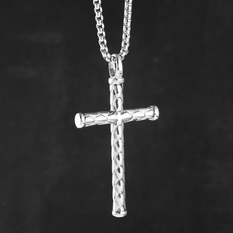 Vintage Hiphop Titanium Steel Cross Pendant Necklace For Men Women Stone Texture Scale Pattern Box Chain Gold Silver Jewelry