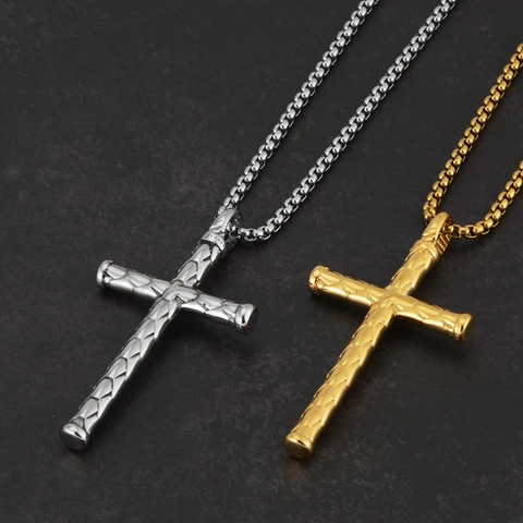 Vintage Hiphop Titanium Steel Cross Pendant Necklace For Men Women Stone Texture Scale Pattern Box Chain Gold Silver Jewelry