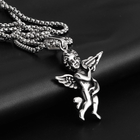 Vintage Hip Hop Angel Playing Violin Pendant Titanium Steel Necklace Retro Silver Gold Cupid Jewelry For Men Women
