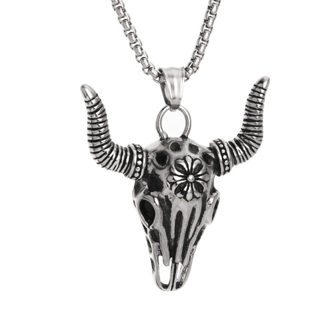 Vintage Bull Skull Pendant Necklace For Men Women Titanium Steel Punk Hiphop Distressed Silver Jewelry Necklace With Box Chain
