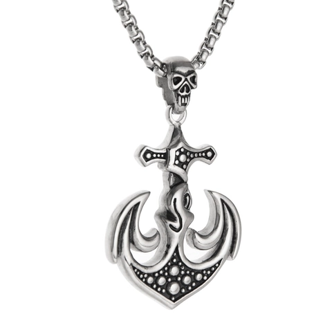 Hip Hop Punk Gothic Titanium Steel Anchor Skull Pendant Necklace Retro Antique Silver Streetwear Fashion Jewelry For Men Women