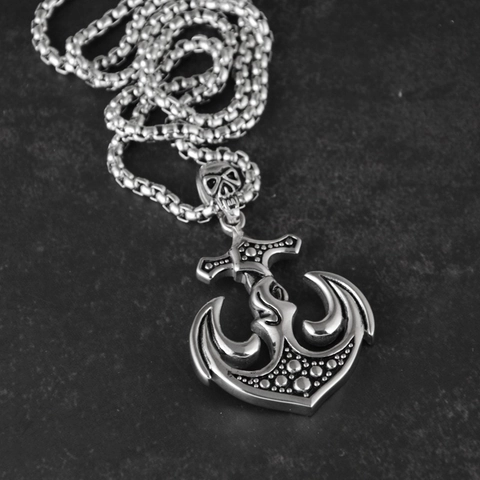 Hip Hop Punk Gothic Titanium Steel Anchor Skull Pendant Necklace Retro Antique Silver Streetwear Fashion Jewelry For Men Women