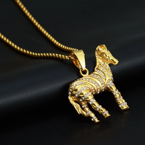 Hiphop Zebra Pendant Necklace For Men Women Gold Plated Stainless Steel Animal Necklaces With Rhinestone Streetwear Jewelry