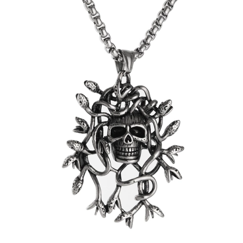 Gothic Retro Titanium Steel Medusa Skull Pendant Necklace Distressed Silver Color Punk Rock Street Hip Hop Jewelry For Men Women