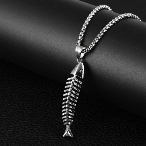 Hip Hop Edelstahl Fischgräte Anhänger Halskette Für Herren Damen Punk Vintage Skelett Schmuck Knochen Accessoire Geschenk