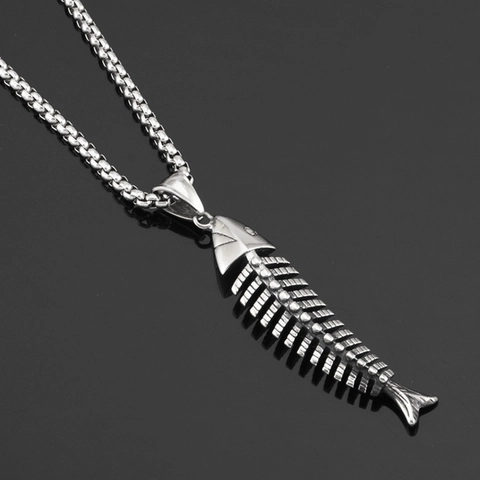 Hip Hop Edelstahl Fischgräte Anhänger Halskette Für Herren Damen Punk Vintage Skelett Schmuck Knochen Accessoire Geschenk