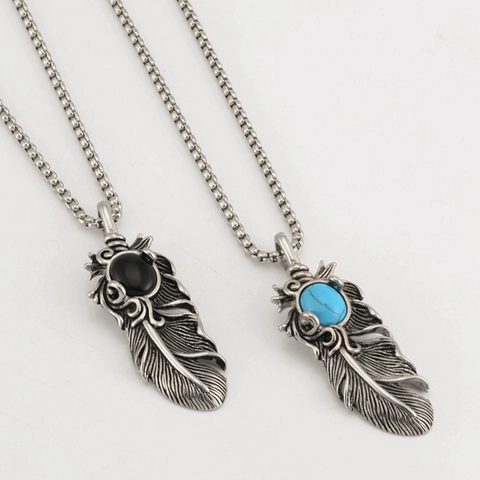 Vintage Titanstahl Feder Anhänger Halskette Retro Tribal Bohemian Hip Hop Stil Türkis Achat Eingelegt Schmuck Für Damen Herren