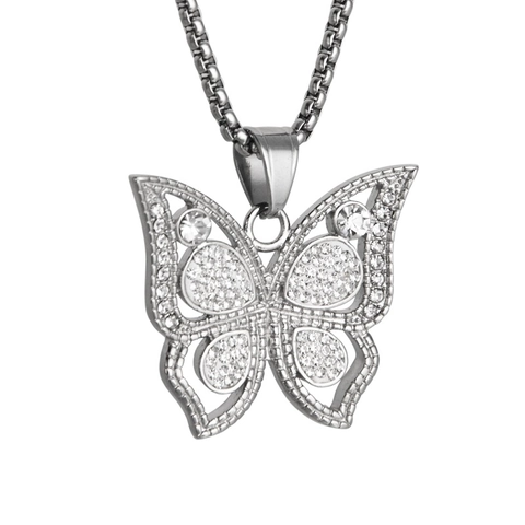 Hiphop Titanium Steel Butterfly Pendant Necklace For Women Men Full Rhinestone Hollow Box Chain Fashion Jewelry Silver Color