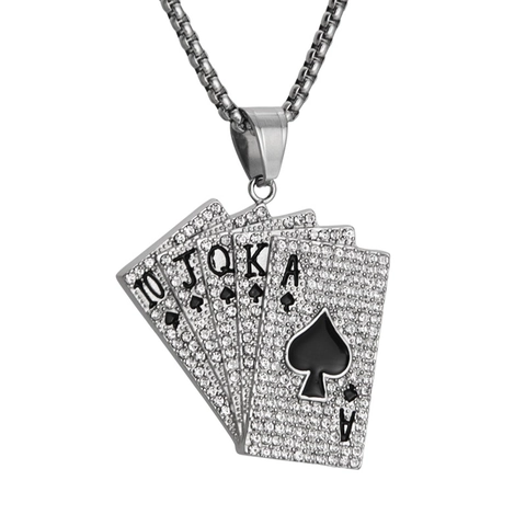 Hip Hop Poker Spade Royal Flush Pendant Necklace Men Women Iced Out Rhinestone Stainless Steel Jewelry Gift
