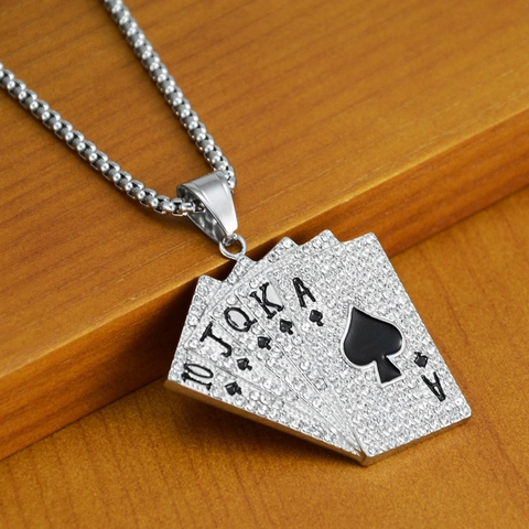 Hip Hop Poker Spade Royal Flush Pendant Necklace Men Women Iced Out Rhinestone Stainless Steel Jewelry Gift