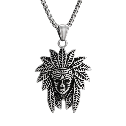 Vintage Roestvrij Staal Indiaans Opperhoofd Hanger Halsketting Voor Heren Dames Hip Hop Etnische Retro Sieraden Zilverkleur