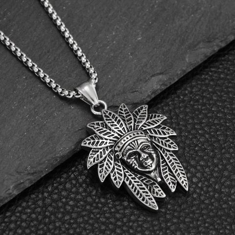 Vintage Roestvrij Staal Indiaans Opperhoofd Hanger Halsketting Voor Heren Dames Hip Hop Etnische Retro Sieraden Zilverkleur