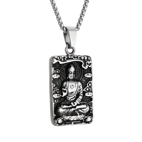 Vintage Edelstahl Buddha Relief Anhänger Halskette Hip Hop Rechteck Religiöse Medaillon Schmuck Für Herren Damen