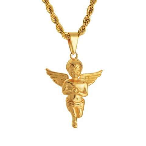 Hip Hop Praying Little Angel Pendant Necklace Stainless Steel Gold Plated Rope Chain Jewelry For Men Women Fashion Gift