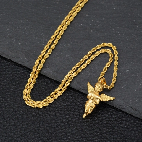Hip Hop Praying Little Angel Pendant Necklace Stainless Steel Gold Plated Rope Chain Jewelry For Men Women Fashion Gift