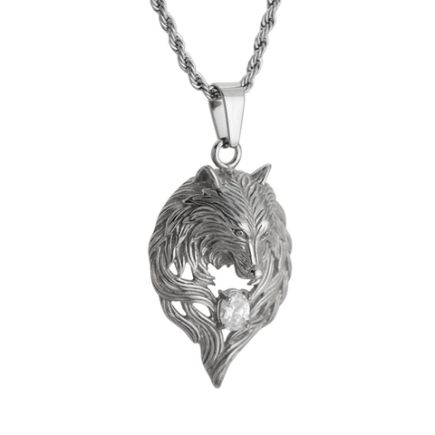 Hip Hop Wolf Head Titanium Steel Pendant Necklace Silver Color Personalized Rhinestone Inlaid Rope Chain For Men Women